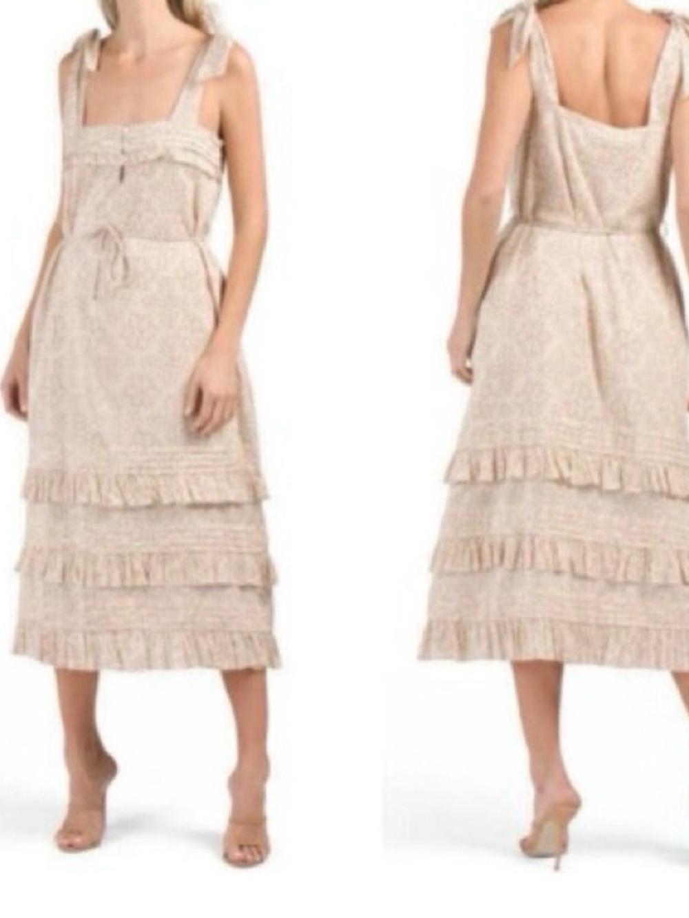 Cleobella Beige Ruffle-Tiered Tie-Shoulder Midi Dress